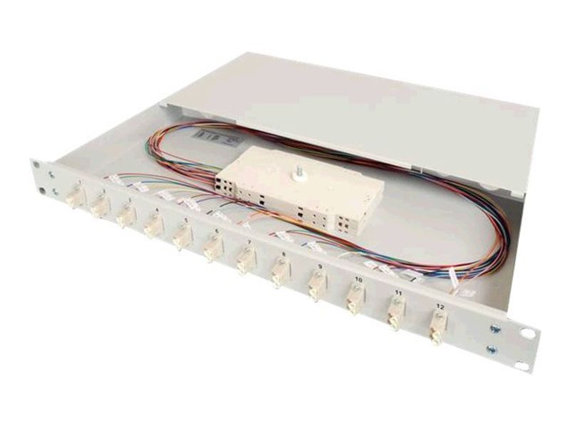 FO splice box, 1U, equipped, 24x LC DX, OS2 incl. splice cassette, colored pigtails, couplers