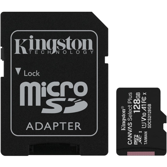 Kingston Canvas Select Plus - Flash memory card (microSDXC to SD adapter included) - 128 GB - A1 / Video Class V10 / UHS Class 1 / Class10 - microSDXC
