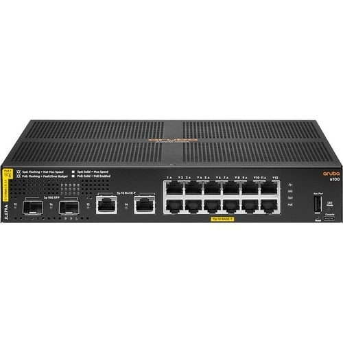 HPE Aruba 6100 12G Class4 PoE 2G/2SFP+ 139W - Managed - L3 - Gigabit Ethernet (10/100/1000) - Power over Ethernet (PoE) - Rack mounting - 1U (JL679A)