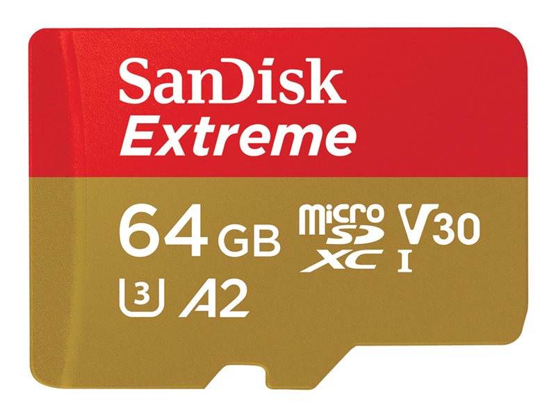 SanDisk Extreme - Flash memory card (microSDXC to SD adapter included) - 64 GB - A2 / Video Class V30 / UHS-I U3 / Class10 - microSDXC UHS-I