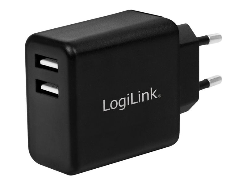 USB-A charger, 12 W, 2-port, 2x USB-A, Black