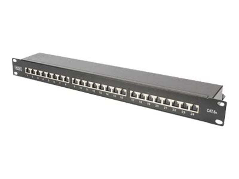 CAT 6A Patch Panel, shielded, 1U, 24-port, 8P8C, bl RAL 9005, 483 mm (19") / 482.6x44x109