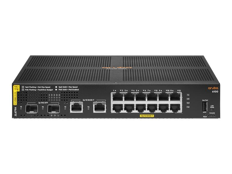 HPE Aruba 6100 12G Class4 PoE 2G/2SFP+ 139W Switch - Switch - Managed - 12 x 10/100/1000 (PoE+) + 2 x 1 Gigabit / 10 Gigabit SFP+ + 2 x 1000Base-T - r