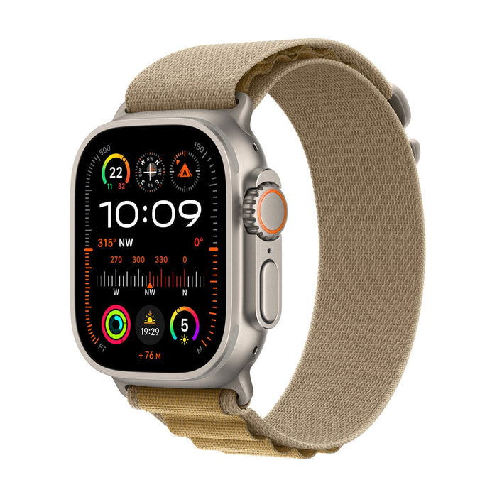 Apple Watch Ultra 2 - 49 mm - natural titanium - smart watch with Alpine Loop - textile - tan - band size: L - 64 GB - LTE, Wi-Fi 4, UWB, Bluetooth -