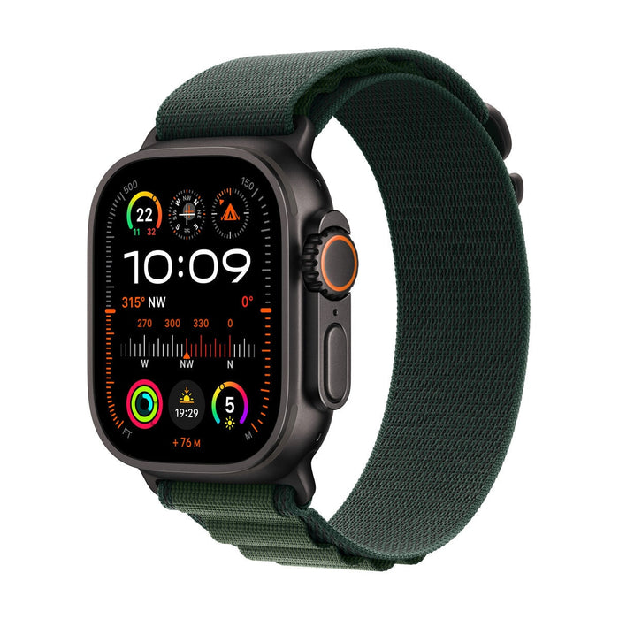 Apple Watch Ultra 2 - 49 mm - black titanium - smart watch with Alpine Loop - textile - dark green - band size: M - 64 GB - LTE, Wi-Fi 4, UWB, Bluetoo