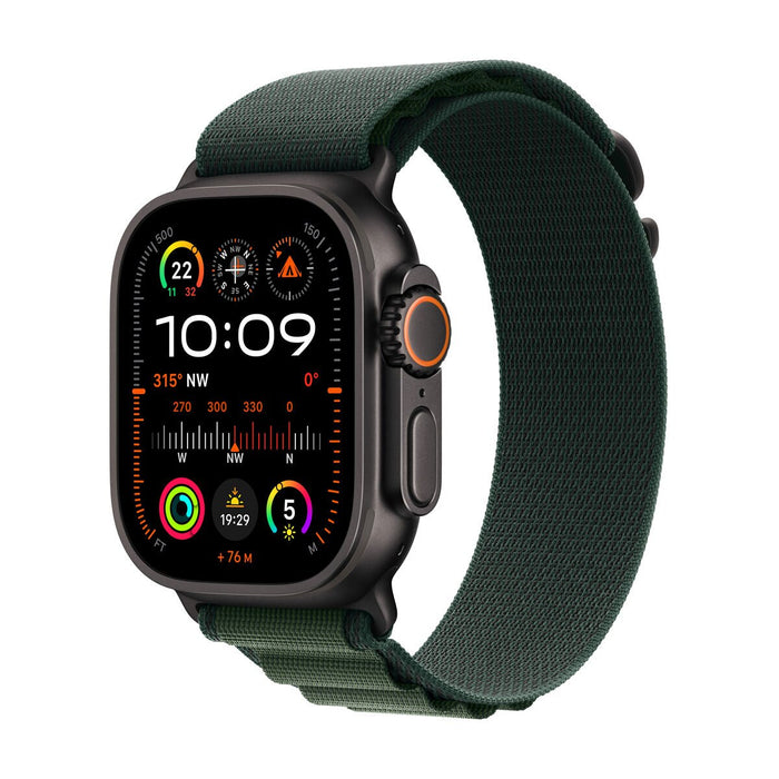 Apple Watch Ultra 2 - 49 mm - black titanium - smart watch with Alpine Loop - textile - dark green - band size: L - 64 GB - LTE, Wi-Fi 4, UWB, Bluetoo