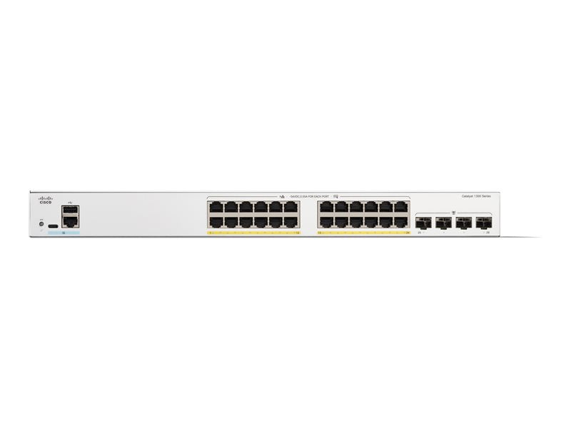 Cisco Catalyst 1300-24P-4G - Switch - L3 - Managed - 24 x 10/100/1000 (PoE+) + 4 x 1 Gigabit SFP - rack-mountable - PoE+ (195 W)
