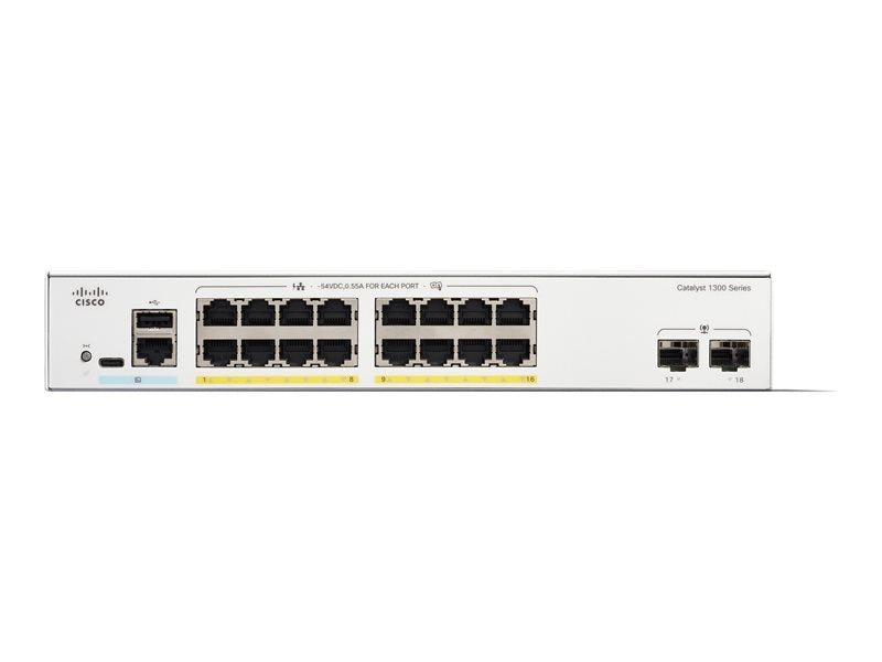 Cisco Catalyst 1300-16FP-2G - Switch - L3 - Managed - 16 x 10/100/1000 (PoE+) + 2 x Gigabit Ethernet SFP - rack-mountable - PoE+ (240 W)