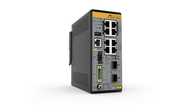 Allied Telesis AT IE220-10GHX - Switch - L2+ - Managed - 8 x 10/100/1000Base-T + 2 x 1 Gigabit / 10 Gigabit SFP+ (uplink) - DIN rail mountable, wall-m