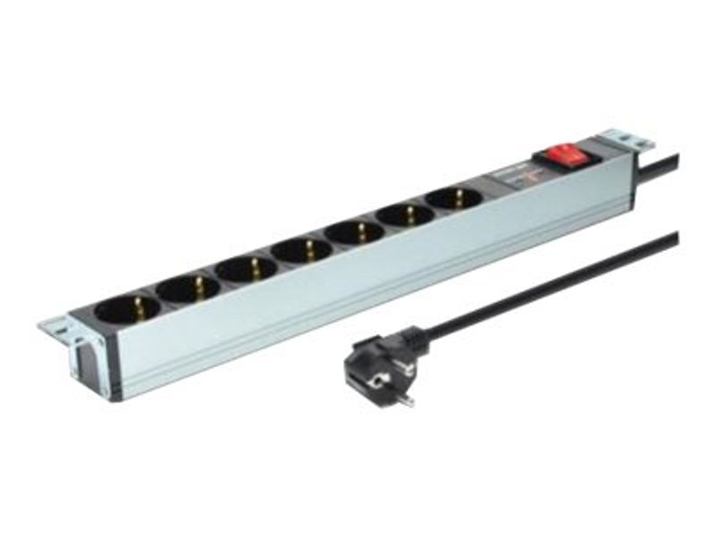 1U Aluminum PDU, rackmountable, 7x safety outlet 16A Plug, 250VAC 50/60Hz, switch, surge Protection