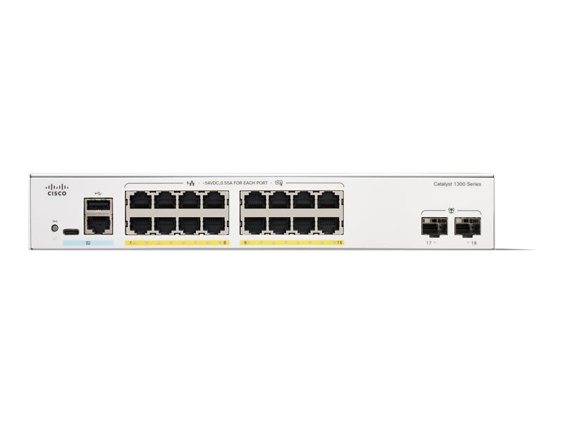 Cisco Catalyst 1300-16P-2G - Switch - L3 - Managed - 16 x 10/100/1000 (PoE+) + 2 x Gigabit SFP - rack-mountable - PoE+ (120 W)