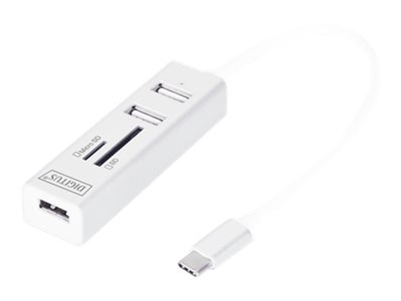 DIGITUS USB-C-Hub 3-Port 2.0->3xA2.0 1xReader in.Kabel weiß