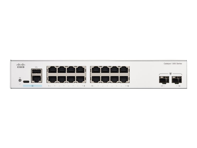 Cisco Catalyst 1300-16T-2G - Switch - L3 - Managed - 16 x 10/100/1000Base-T + 2 x Gigabit Ethernet SFP - rack-mountable
