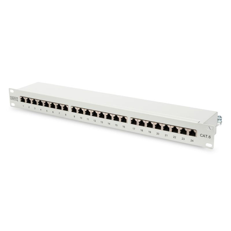 CAT 6 patch panel, shielded, 24-port RJ45, 8P8C, LSA, 1U, rack mount, grey, 482x44x109 mm