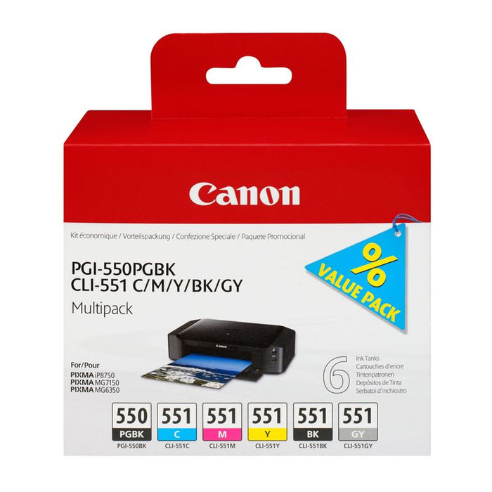 Canon PGI-550 CLI551 - 6496B005 - 1 x grey,1 x Black,1 x Yellow,1 x Cyan,1 x Magenta - Ink tank - For PIXMA iP7250,iP8750,iX6850,MG5550,MG5650,MG6450,