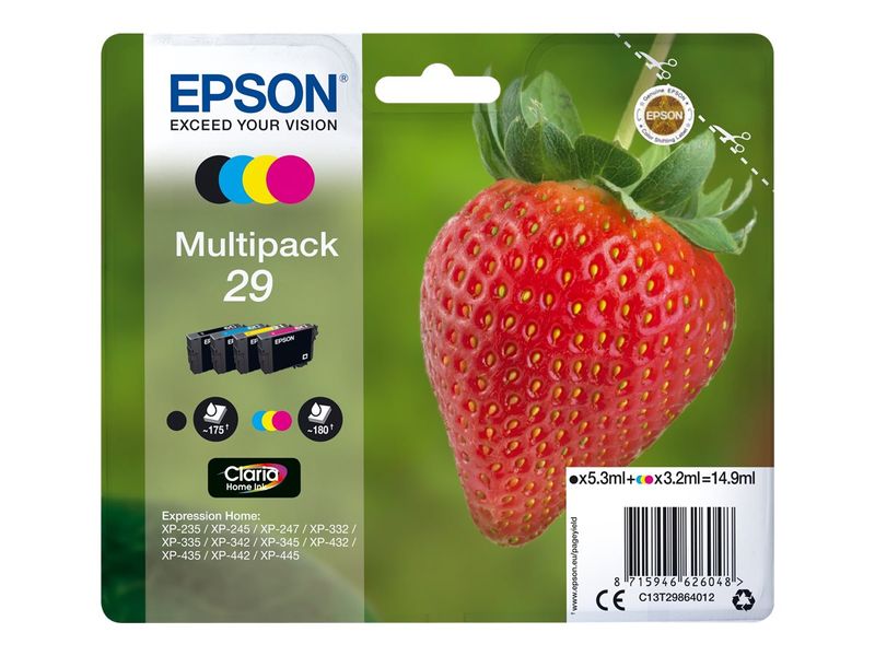 Epson Ink Cartridges, Claria" Home Ink, 29, Strawberry, Multipack, 1 x 3.2 ml Cyan, 1 x 3.2 ml Magenta, 1 x 5.3 ml Black, 1 x 3.2 ml Yellow, Standard