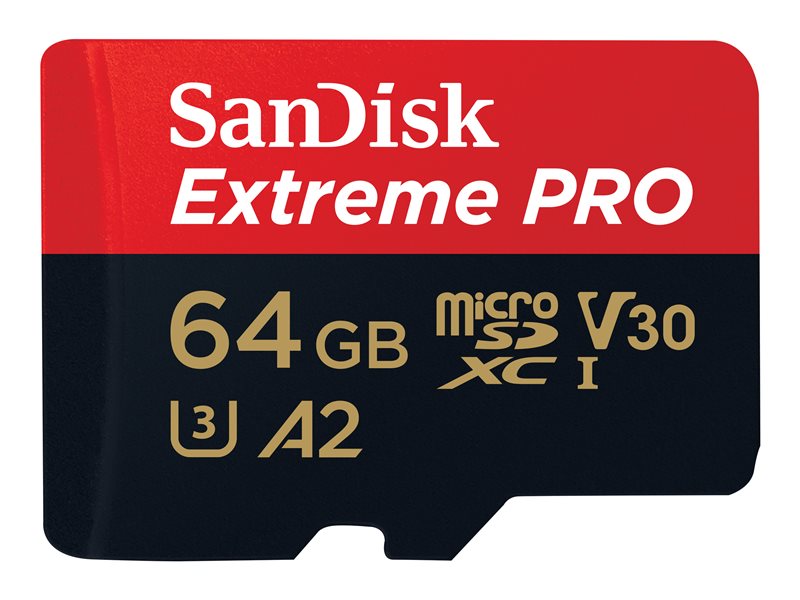 SanDisk Extreme PRO - Flash memory card (microSDXC to SD adapter included) - 64 GB - A2 / Video Class V30 / UHS-I U3 / Class10 - microSDXC UHS-I