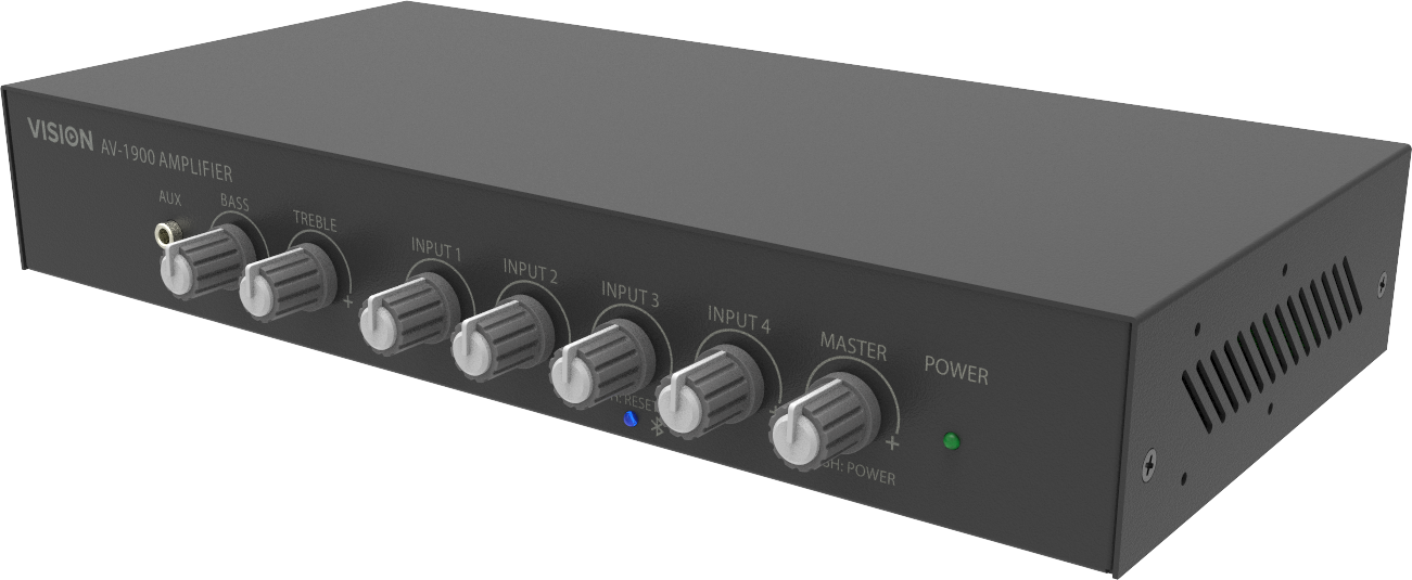 Low impedance audio amplifier - 2 x 50w (RMS at 8 ohms) - RS232 - bluetooth (renameable, set pin) - 4 x inputs each either line-level or mic (balanced