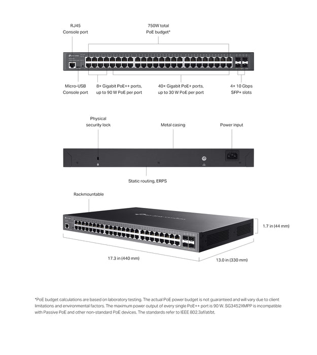 TP-Link Omada SG3452XMPP V1.8 - Switch - L2+ - Managed - 40 x 10/100/1000 (PoE+) + 8 x 10/100/1000 (PoE++) + 4 x 10Gb Ethernet SFP+ - rack-mountable -