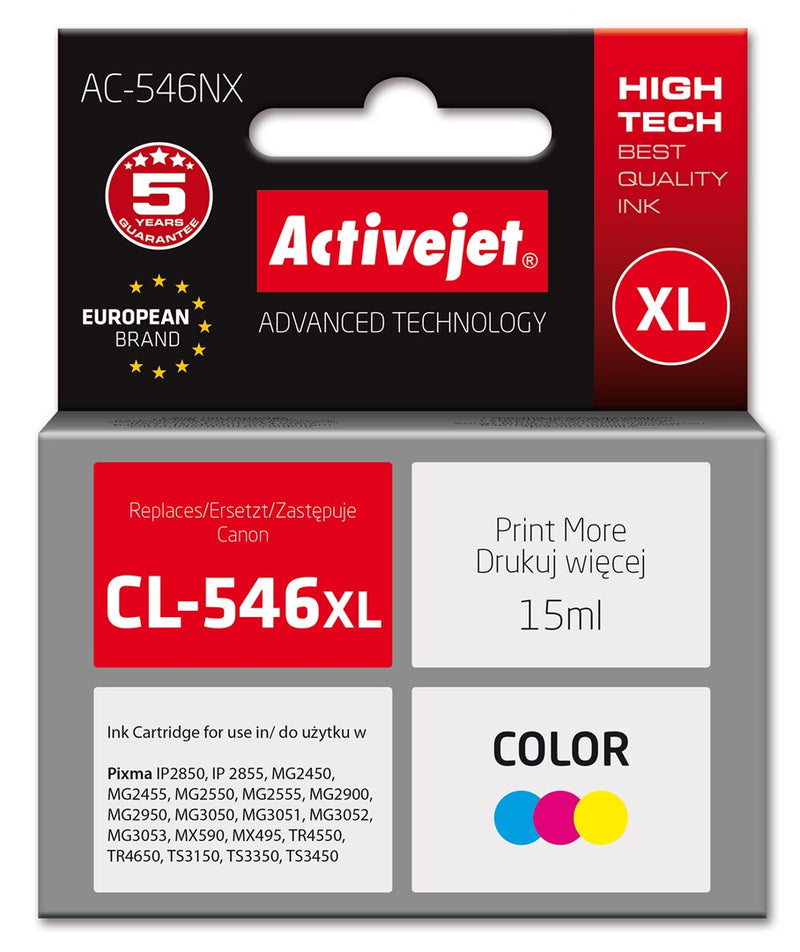 Activejet AC-546NX Druckerpatrone für Canon, ersetzt Canon CL-546XL; Supreme; 15 ml; Farbe, Cyan, Magenta, Gelb