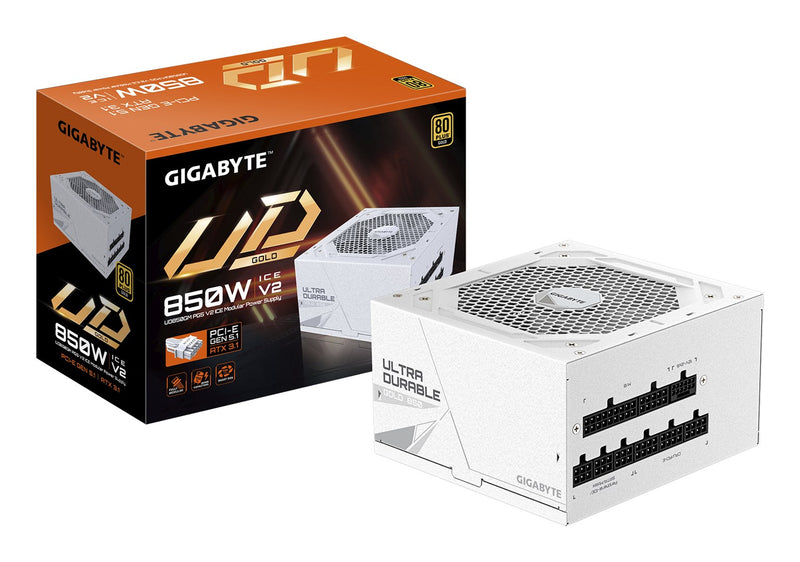 Bloc d'alimentation GIGABYTE UD850GM PG5 V2 ICE - PCIe Gen 5.1, 80 PLUS Gold, Conception entièrement modulaire, Ventilateur 120 mm, Compatible ATX 3.1, Prise UE