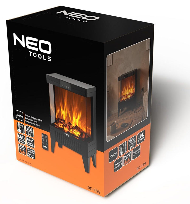 Electric Fireplace NEO TOOLS 2000 W, 3D Flame Effect, Thermostat, Black