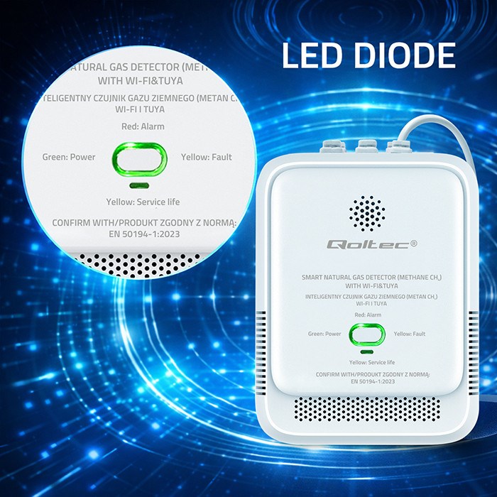 Qoltec 52651 Natural Gas Leak Sensor | CH4 detector | NG | Tuya | Wi-Fi | 85dB alarm | LED