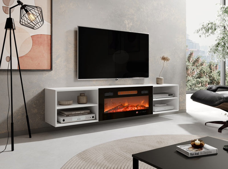 Meuble TV POLO 180x33x39 blanc + cheminée noire