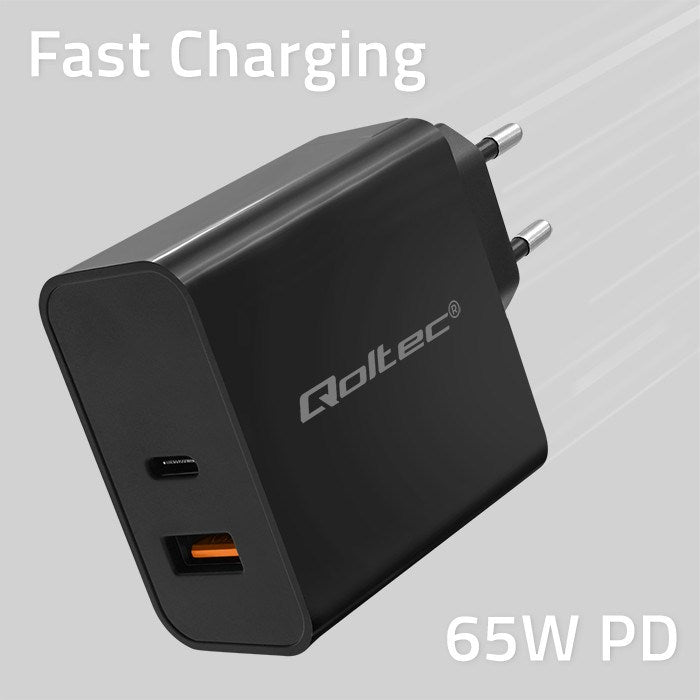 Qoltec 52380 Super Quick PD Charger | 1xUSB-C | 1xUSB | 65W | 5-20V | 1.5-3.25A | Black