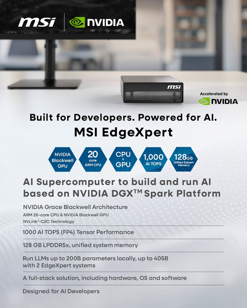 MSI EdgeXpert AI Supercomputer Desktop, NVIDIA DGX Spark GB10 Grace Blackwell Architecture, 128GB LPDDR5 Unify Memory, 4TB SSD, ARM CPU, WiFi 7, BT 5.
