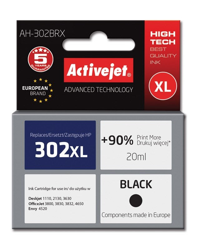 Activejet AH-302BRX Tinte für HP Drucker; HP 302XL F6U68AE Ersatz; Premium; 20 ml; schwarz