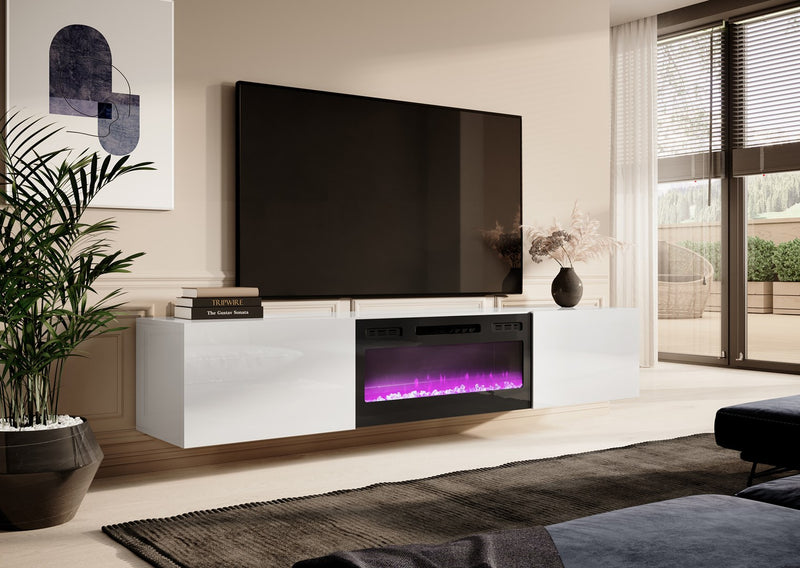 Meuble TV RTV SLIDE 200K avec cheminée électrique 200x40x37 cm tout en blanc brillant