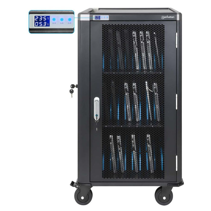 Manhattan Laptop Charging Cart/Trolley via AC Adapter (EU) 30-bay, Install device's AC Adapter (power cables) into unit, Suitable for ALL laptops (to