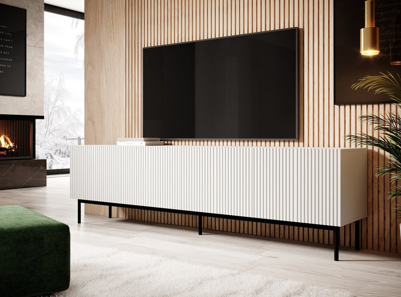 PAFOS RTV cabinet on black steel frame 200x40x60 cm white matt