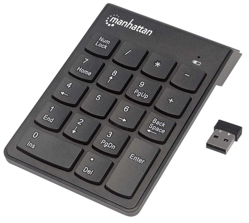 Manhattan Numeric Keypad, Wireless (2.4GHz), USB-A Micro Receiver, 18 Full Size Keys, Black, Membrane Key Switches, Auto Power Management, Range 10m,