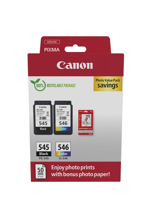 Canon PG-545 / CL-546 Value Pack - 2-pack - 8 ml - black, colour (cyan, magenta, yellow) - original - hanging box - ink cartridge / paper kit - for PI