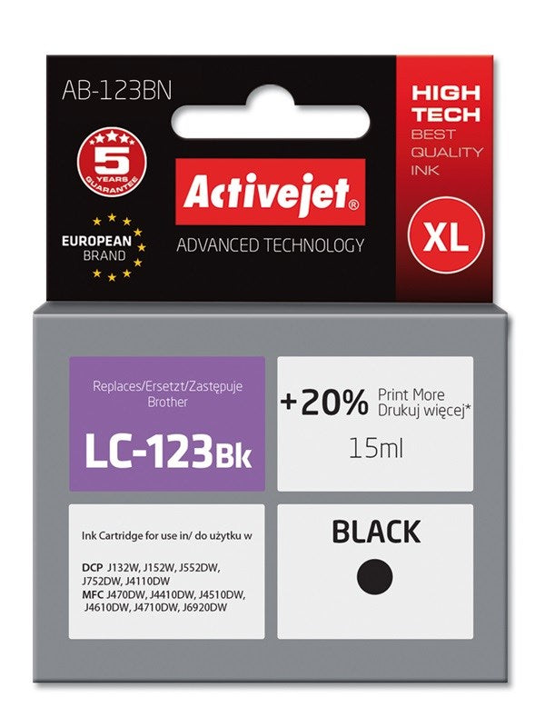 Activejet AB-123BN ink for Brother printer; Brother LC123Bk/LC121Bk replacement; Supreme; 15 ml; black