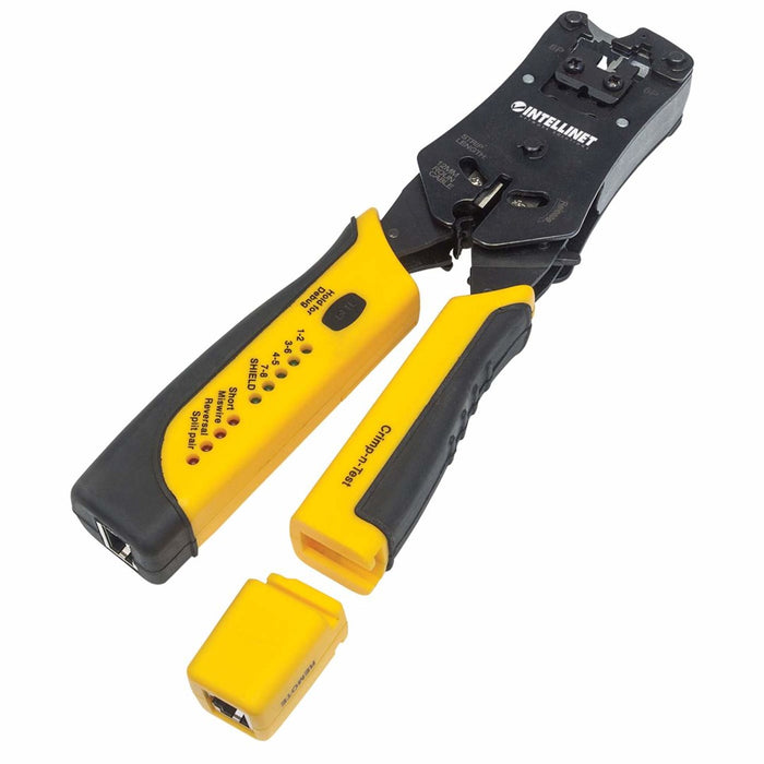 Intellinet Universal Modular Plug Crimping Tool and Cable Tester, 2-in-1 Crimper and Cable Tester: Cuts, Strips, Terminates and Tests, RJ45/RJ11/RJ12/