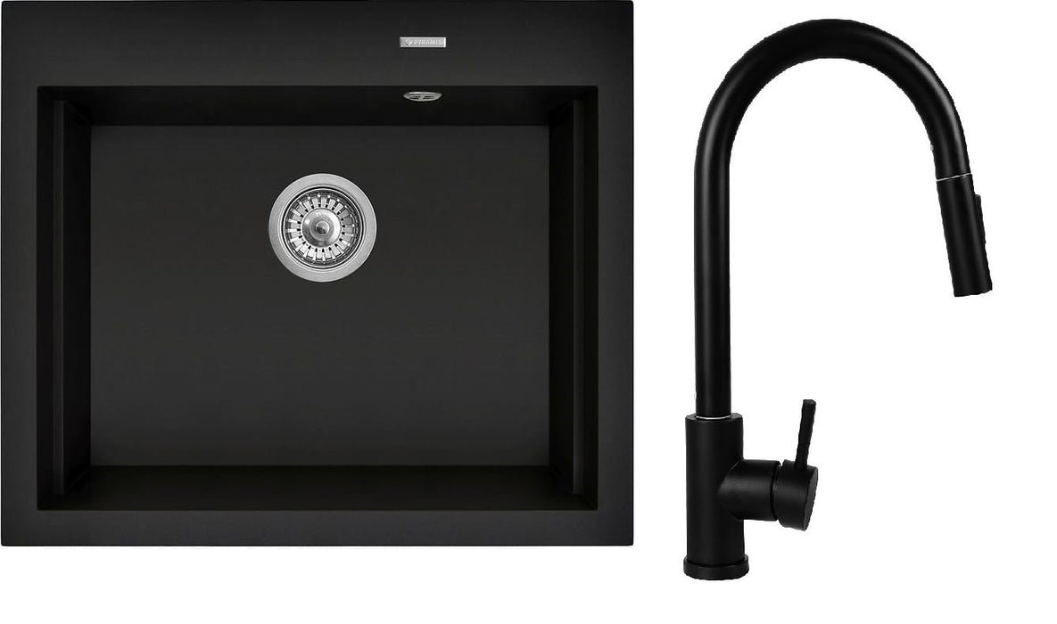 Set - Sink PYRAMIS PYRAMIS SIROS (57x51,5) 1B + Faucet IDEA Black Edition - 070169002BE - Volcano