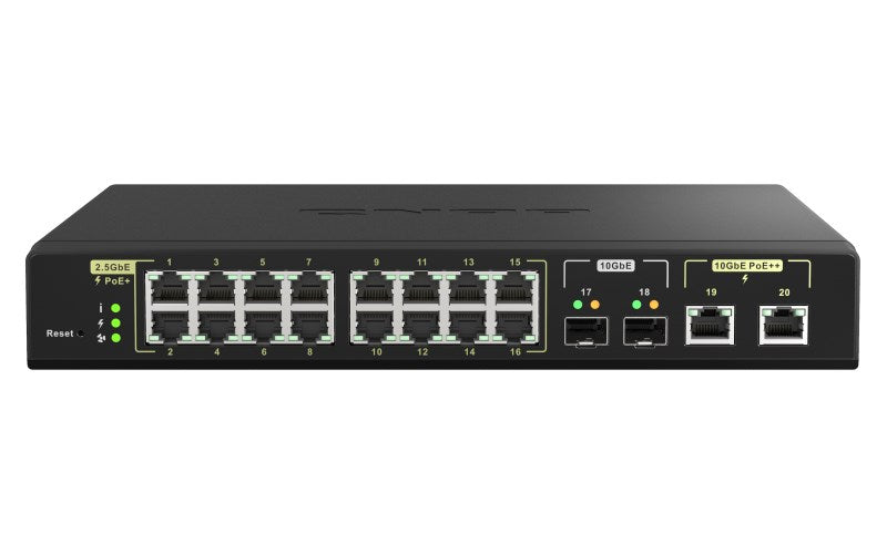 QSW-M2116P-2T2S 16 ports 2.5GbE RJ45 with PoE 802.3at(30W) 2 ports 10GbE SFP+ 2 ports 10GbE RJ45 with PoE 802.3bt(90W) Max PoE power consumption goes