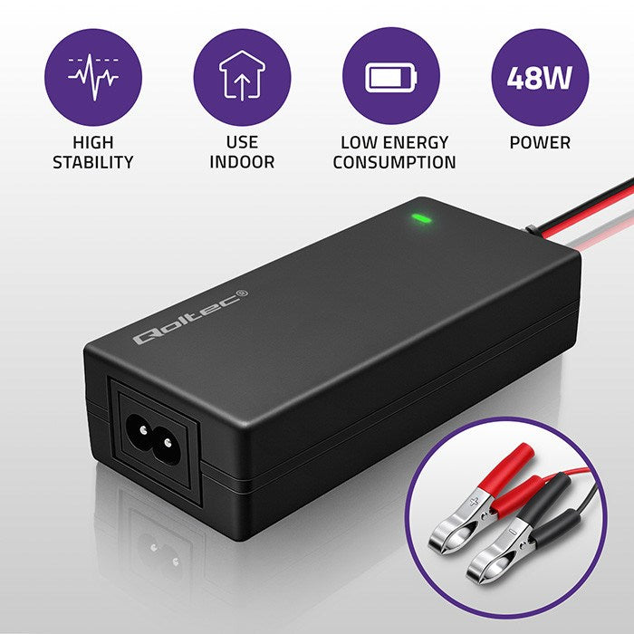 Qoltec 52665 Automatic charger for AGM GEL STD batteries | 24V charger | 2A | 48W | LED | 1.8m cable