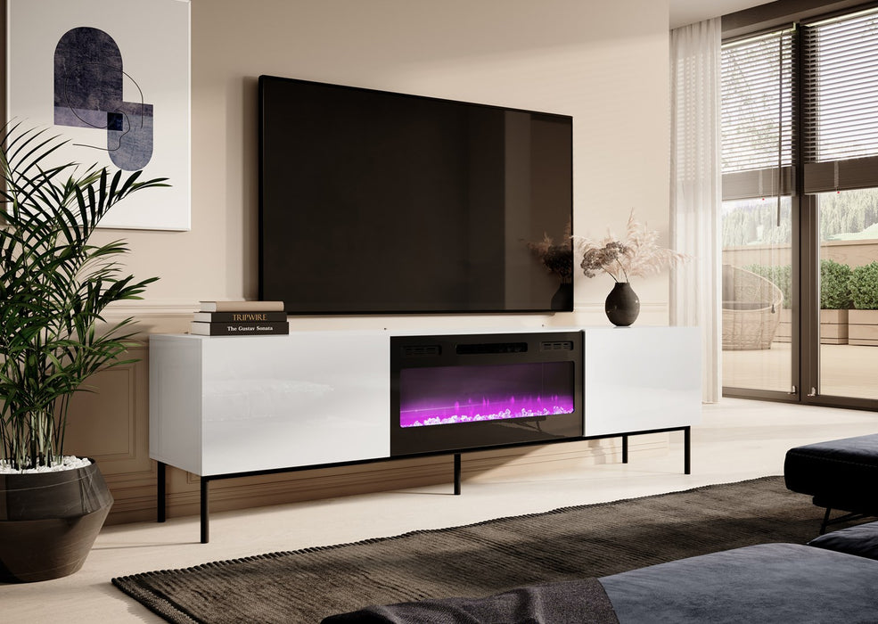 RTV SLIDE 200K cabinet with an electric fireplace on a black frame 200x40x57 cm all in white gloss
