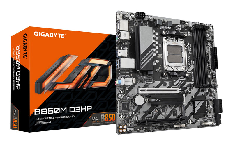 GIGABYTE B850M D3HP Motherboard - AMD Ryzen 9000 Series CPUs, 5+2+2 Phases Digital VRM, up to 8200MHz DDR5 (OC), 1xPCIe 5.0 + 1xPCIe 4.0 M.2, GbE LAN,