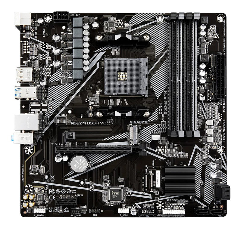 GIGABYTE A520M DS3H V2 Motherboard - Supports AMD Ryzen 5000 Series AM4 CPUs, up to 4733MHz DDR4 (OC), PCIe 3.0 x16, GbE LAN, USB 3.2 Gen 1
