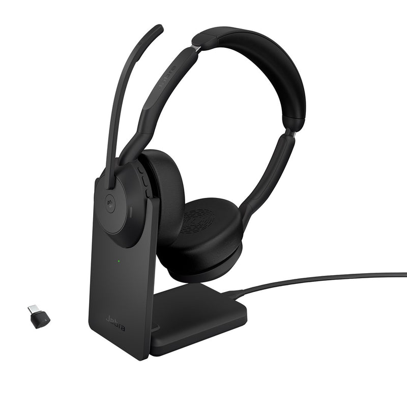 Jabra Evolve2 55 MS Stereo - Headset - on-ear - Bluetooth - wireless - active noise cancelling - USB-C - black - with charging stand - Optimised for M