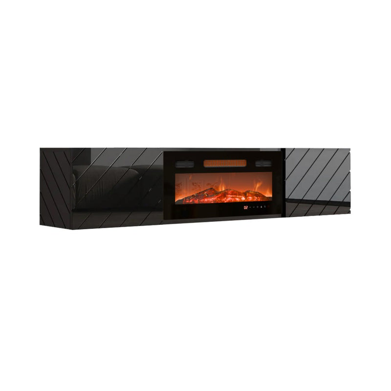 Meuble TV LUXE 182,6x34,5x37,5 cm noir/noir brillant + cheminée noire