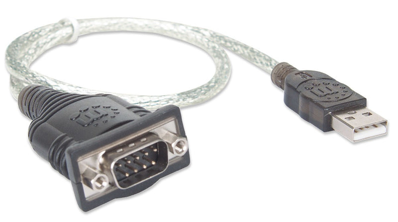 Manhattan USB-A to Serial Converter cable, 45cm, Male to Male, Serial/RS232/COM/DB9, Prolific PL-2303RA Chip, Black/Silver cable, Three Year Warranty,
