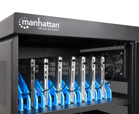 Manhattan Laptop Charging Cart/Trolley via AC Adapter (EU) 32-bay, Install device's AC Adapter (power cables) into unit, Suitable for ALL laptops (to