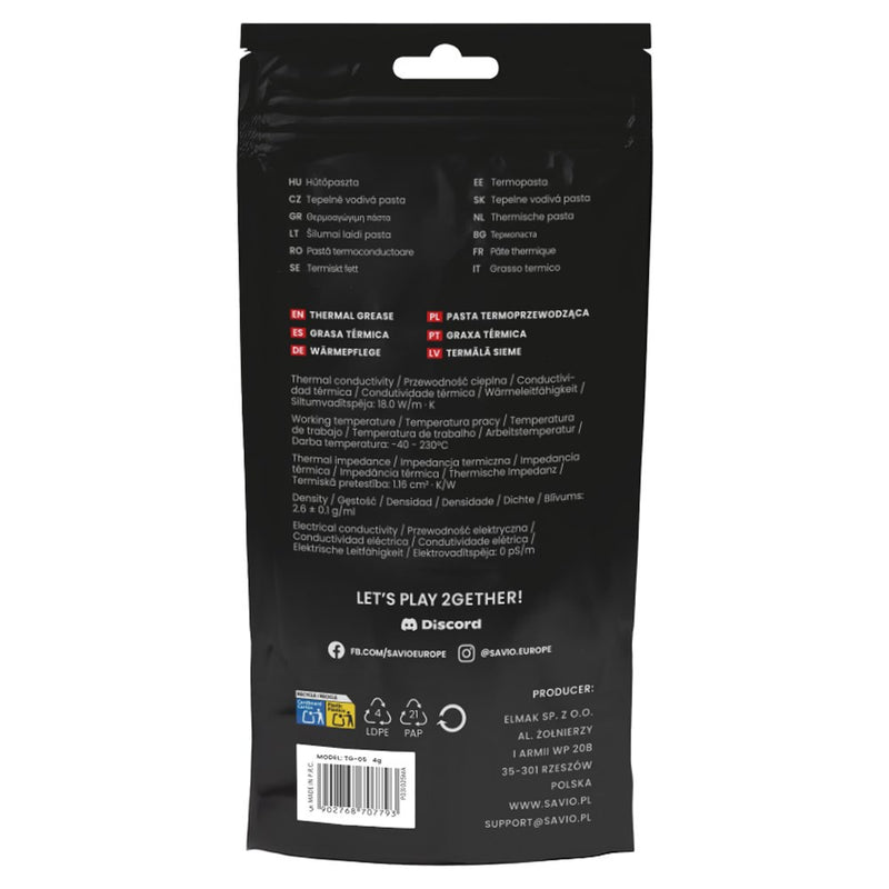 Savio TG-05 4g heat sink compound Thermal paste 18 W/m·K