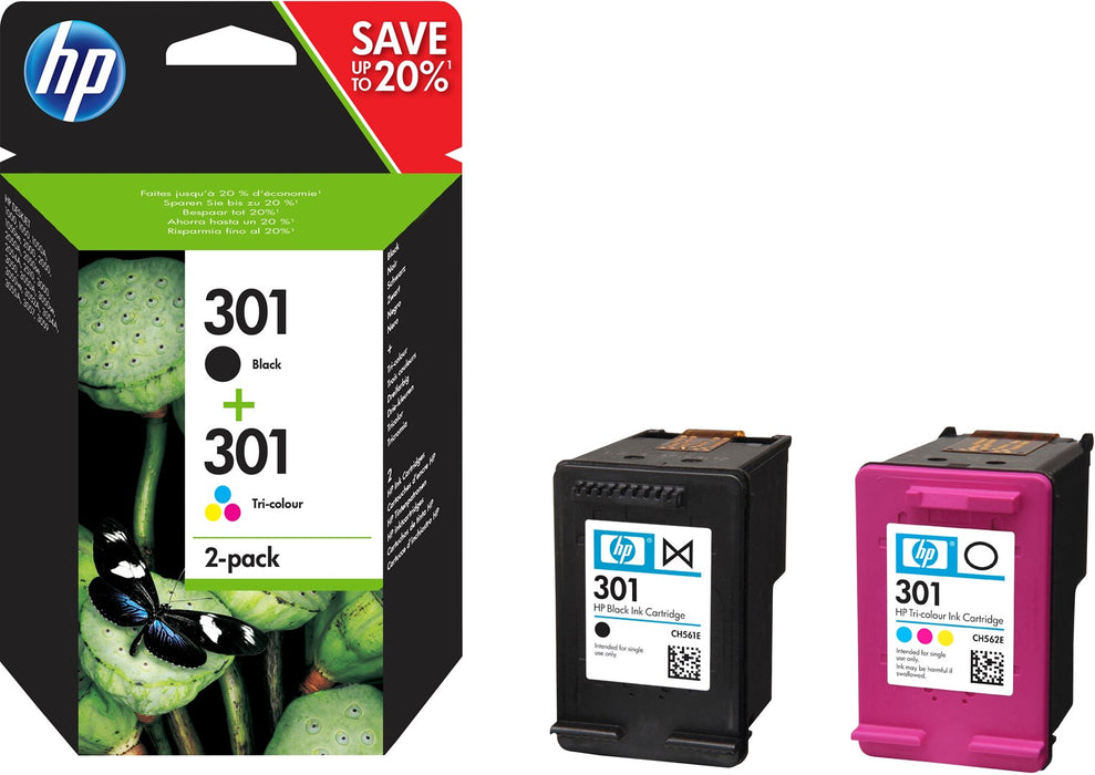HP 301 - 2-pack - black, colour (cyan, magenta, yellow) - original - ink cartridge - for HP DeskJet 1000, 1010, 1050 AiO, 1050A AiO, 1510 AiO, 2000, 2